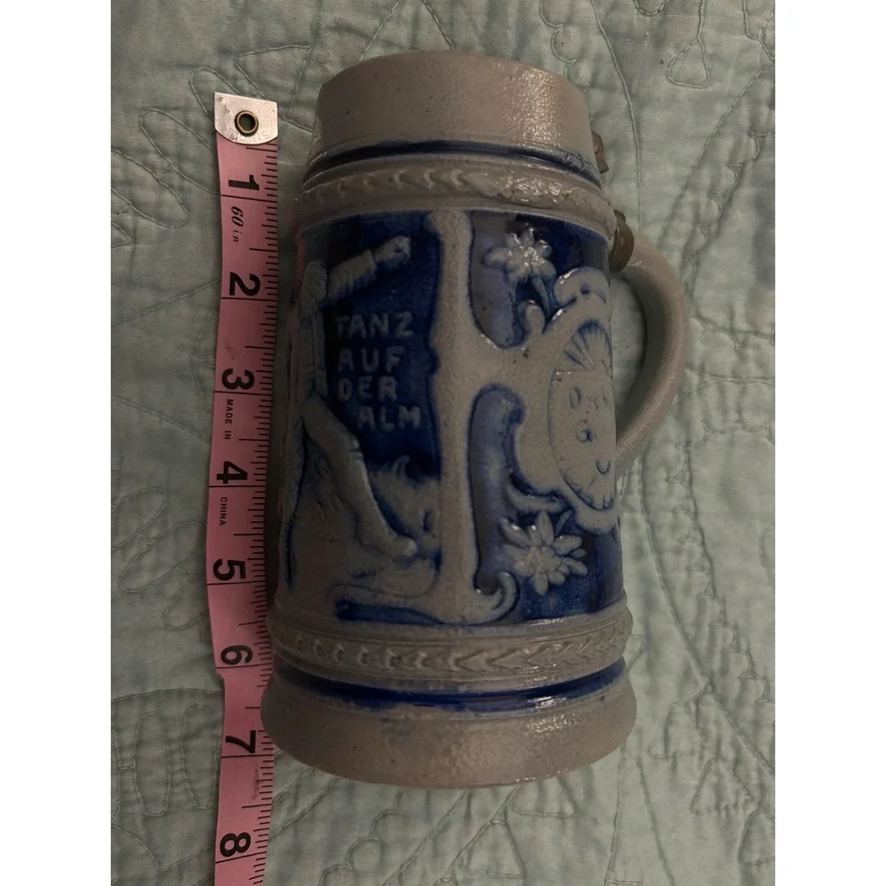 Vintage German Stoneware Beer Stein Tanz Auf Der Alm Cobalt Blue Salt Glaze 7.5